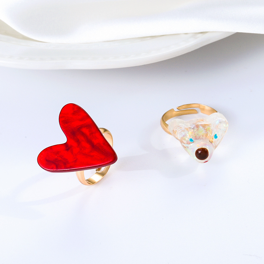 Sweet Bear Heart Shape Alloy Plastic Resin Rings