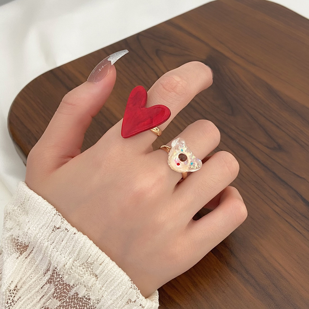 Sweet Bear Heart Shape Alloy Plastic Resin Rings