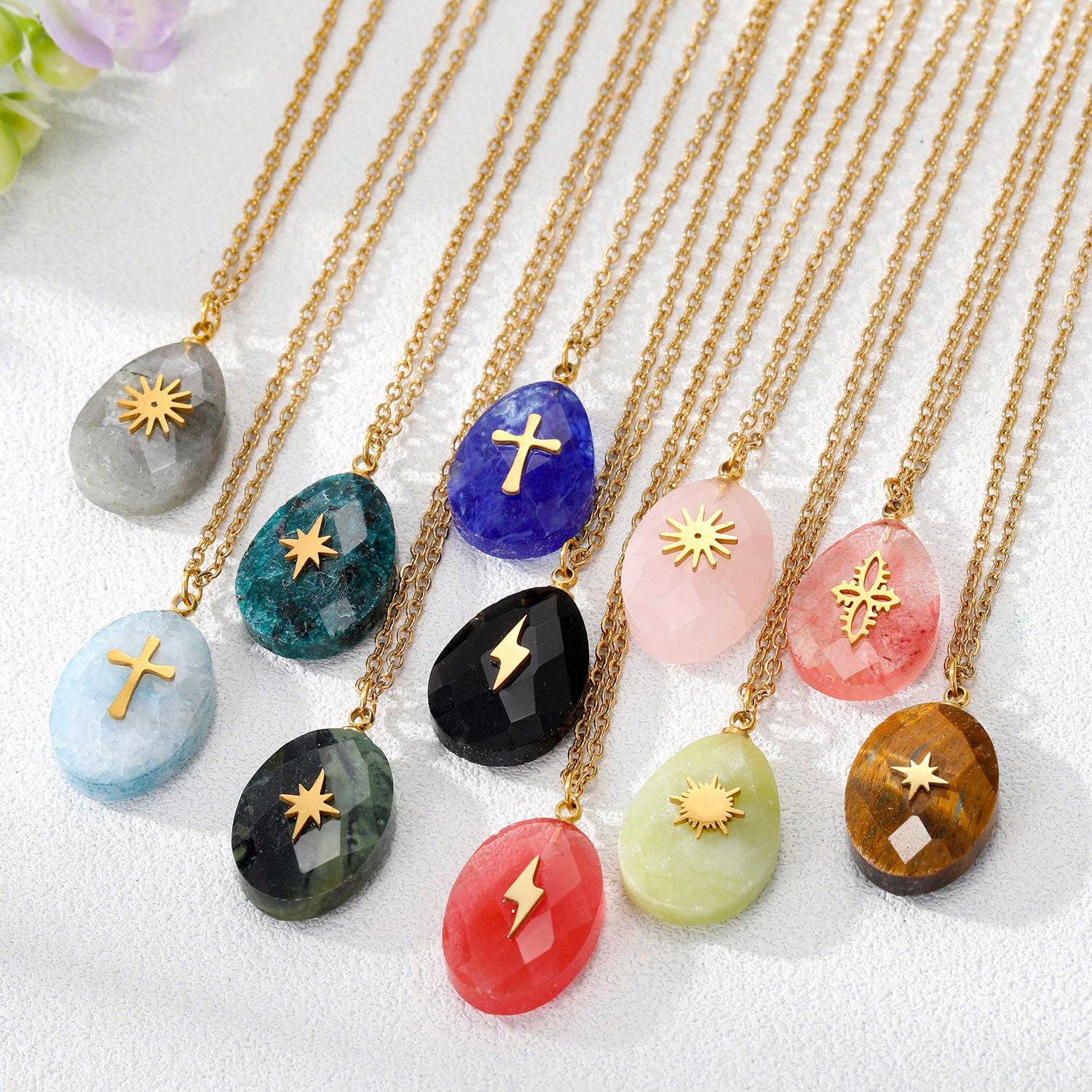 Simple Style Cross Water Droplets Lightning Stainless Steel Pendant Necklace Plating Natural Stone S
