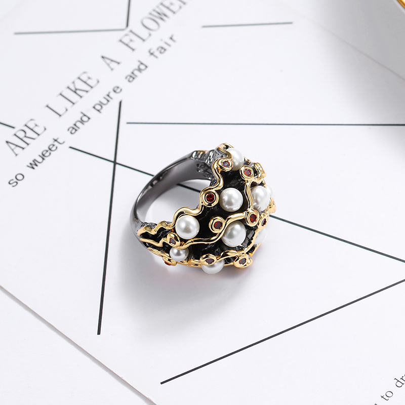 Vintage Style Geometric Alloy Inlay Artificial Pearls Rings 1 Piece