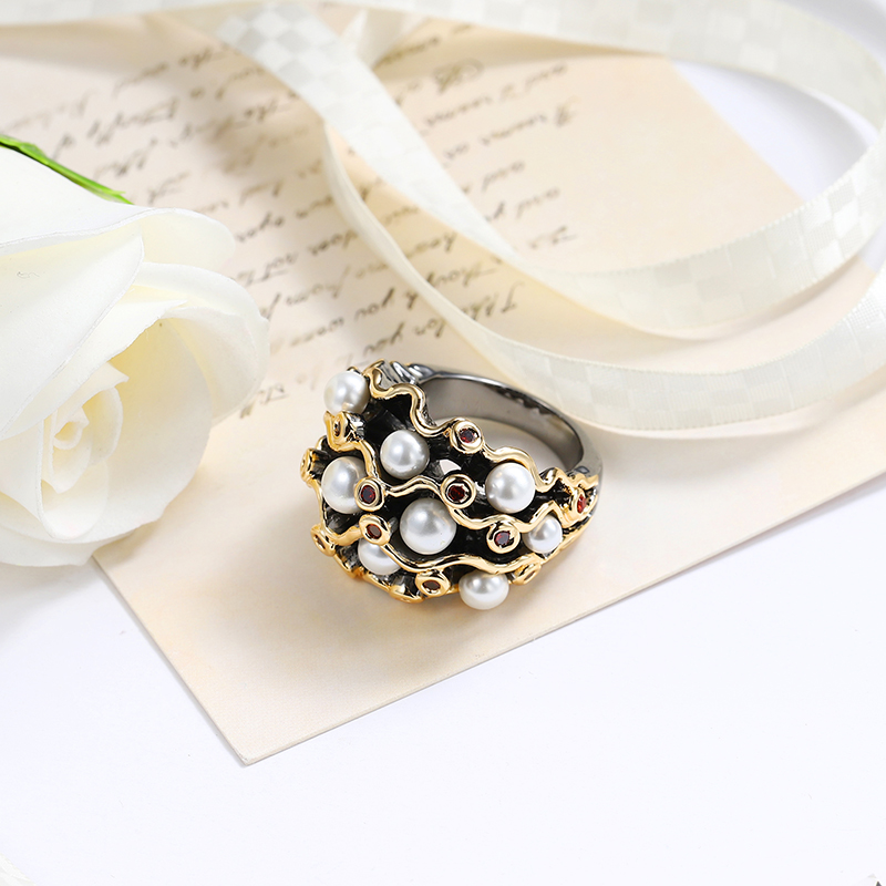 Vintage Style Geometric Alloy Inlay Artificial Pearls Rings 1 Piece