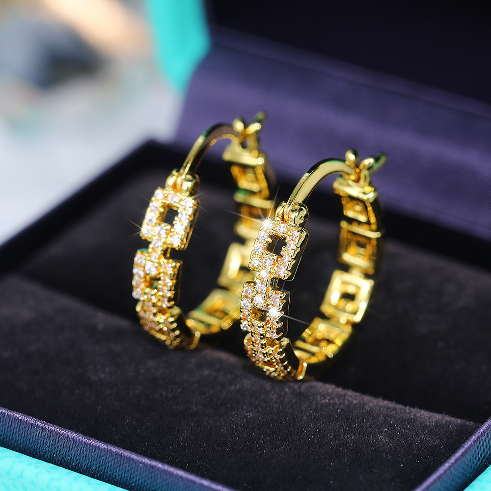 Simple Style Geometric Copper Hoop Earrings Inlay Artificial Diamond Copper Earrings 1 Pair