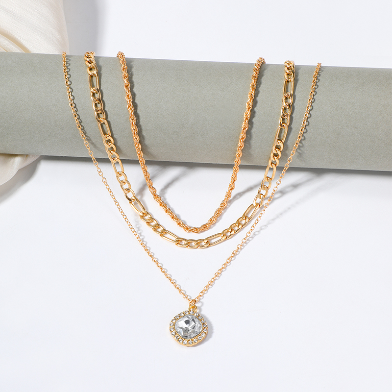 Retro Geometric Round Alloy Layered Rhinestones Necklace