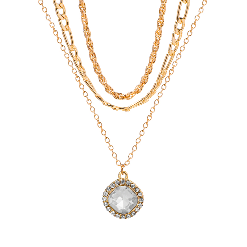 Retro Geometric Round Alloy Layered Rhinestones Necklace