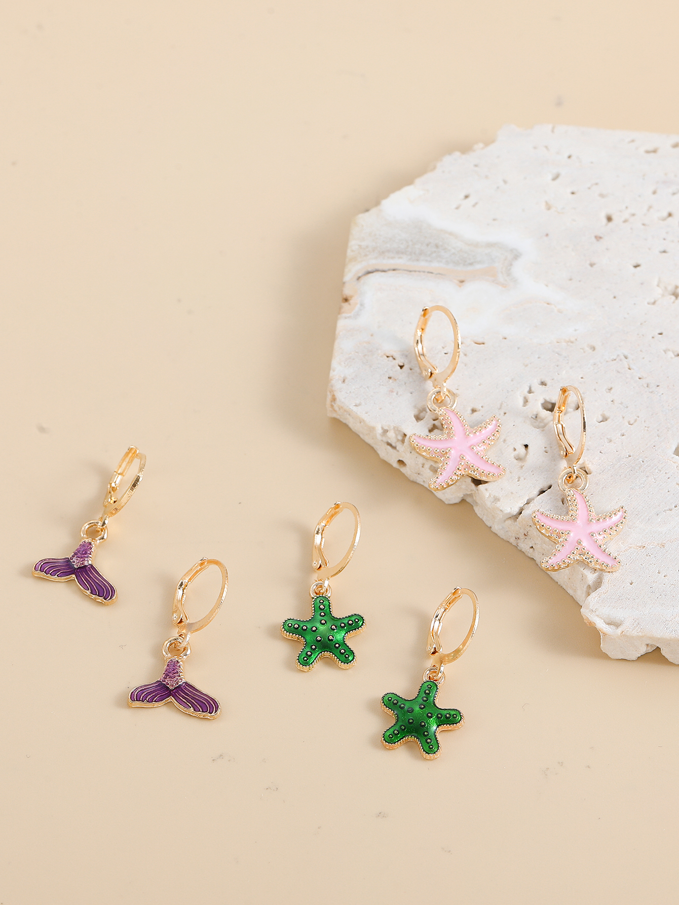 Marine Style Starfish Fish Tail Alloy Enamel Drop Earrings 1 Set