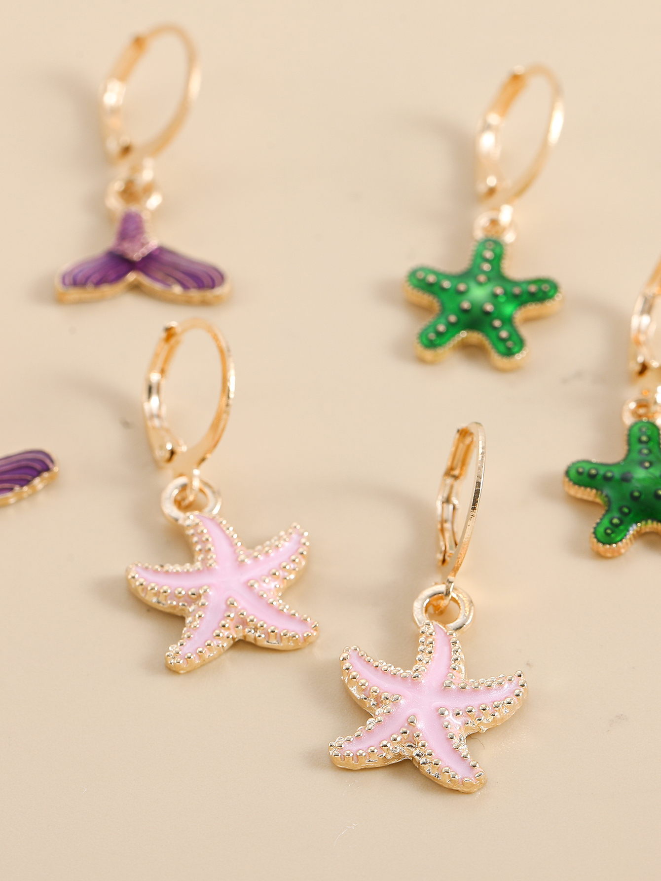 Marine Style Starfish Fish Tail Alloy Enamel Drop Earrings 1 Set