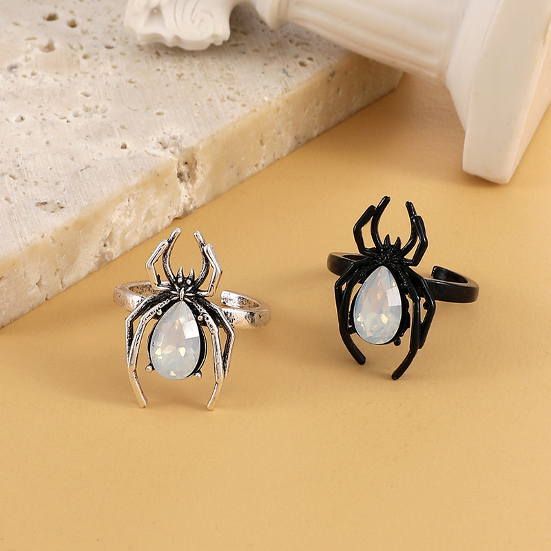 Punk Spider Alloy Inlay Artificial Gemstones Open Ring 1 Piece