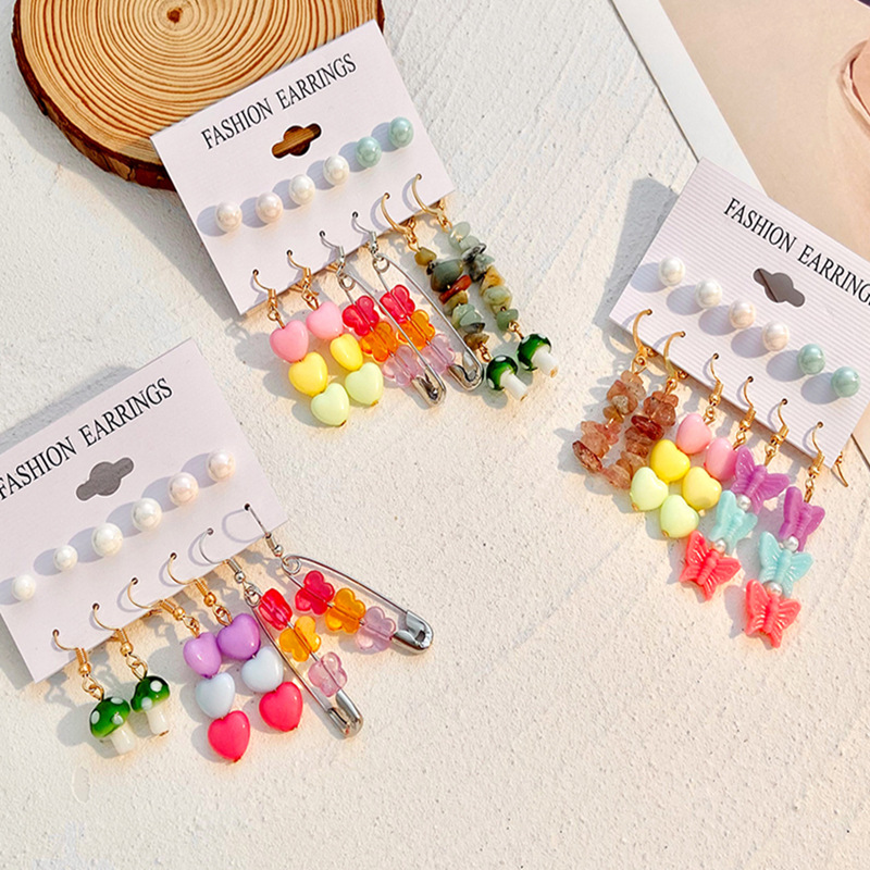 Fashion Butterfly Alloy Beaded Artificial Pearls Drop Earrings 6 Pieces