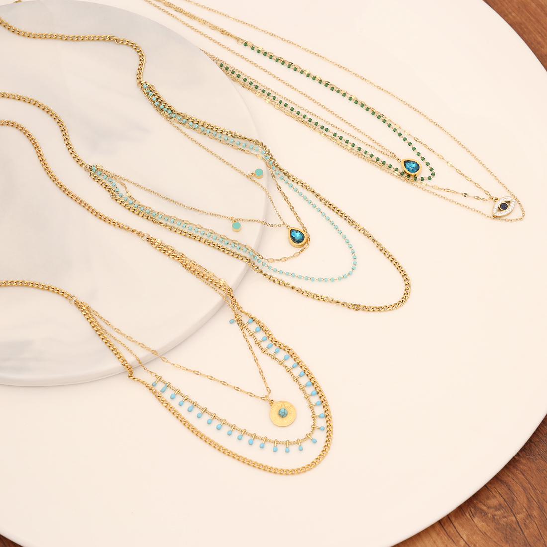 Fashion Eye Stainless Steel Layered Necklaces Layered Inlay Artificial Gemstones Stainless Steel Nec