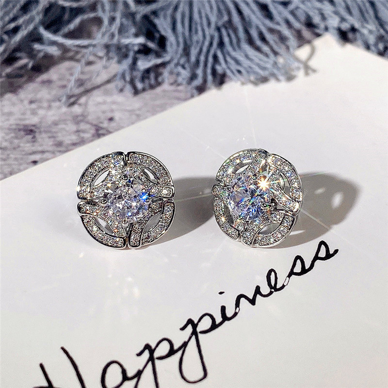 Shiny Geometric Copper Ear Studs Hollow Out Zircon Copper Earrings 1 Pair