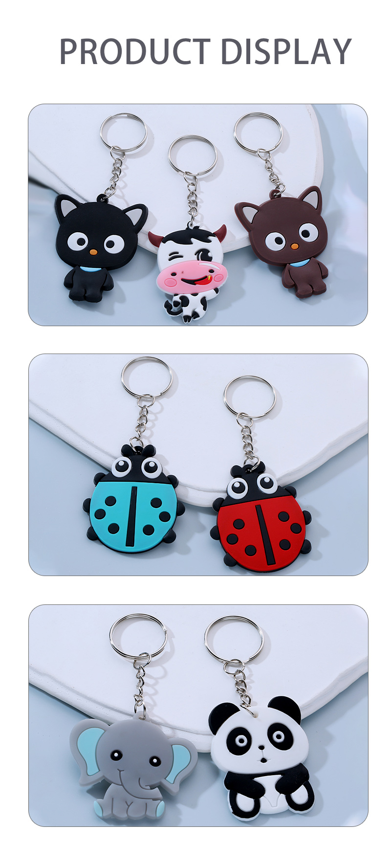 Cute Panda Beetles Elephant PVC Epoxy Bag Pendant Keychain 1 Set