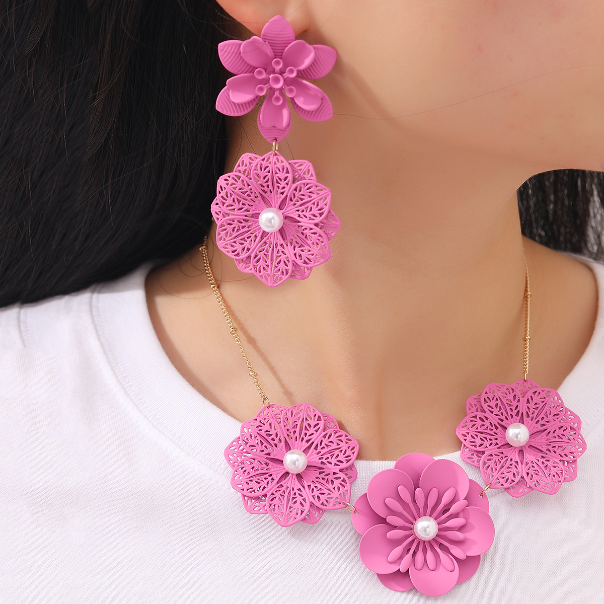 Fashion Flower Alloy Stoving Varnish Pearl Earrings Necklace 1 Set