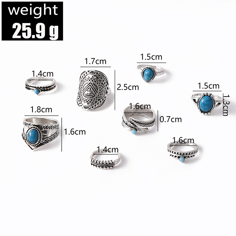 Vintage Style Water Droplets Alloy Inlay Turquoise Womenu0027S Rings 8-Piece Set