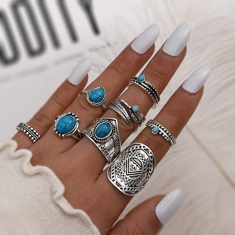 Vintage Style Water Droplets Alloy Inlay Turquoise Womenu0027S Rings 8-Piece Set