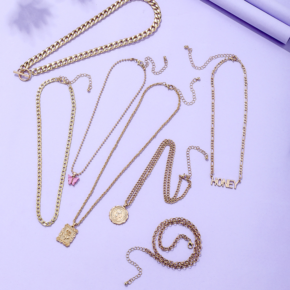 Retro Letter Alloy Plating Layered Necklaces 7 Pieces