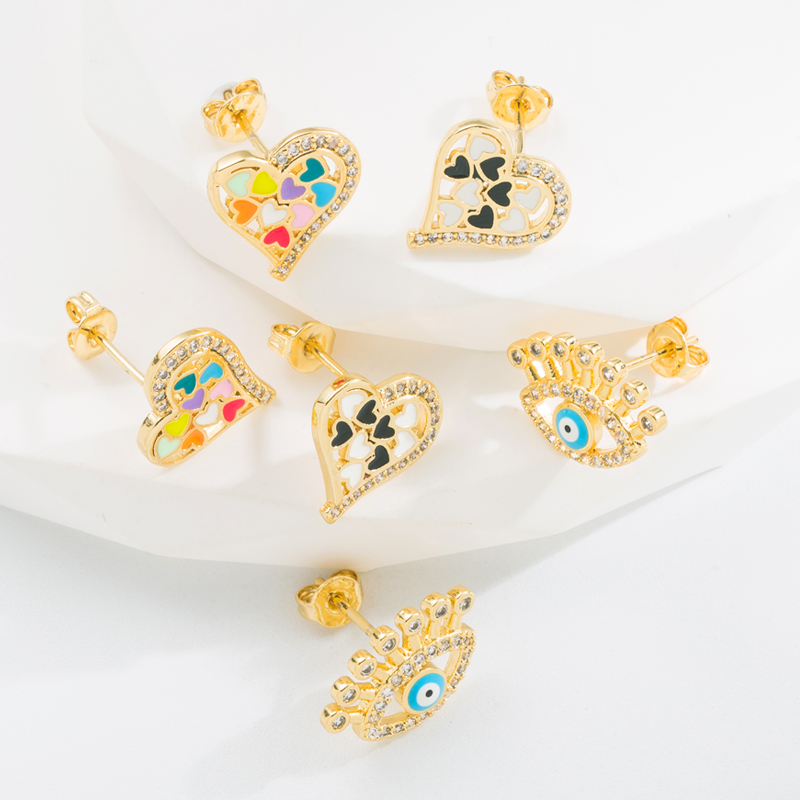 Fashion Heart Shape Eye Copper Ear Studs Plating Zircon Copper Earrings 1 Pair