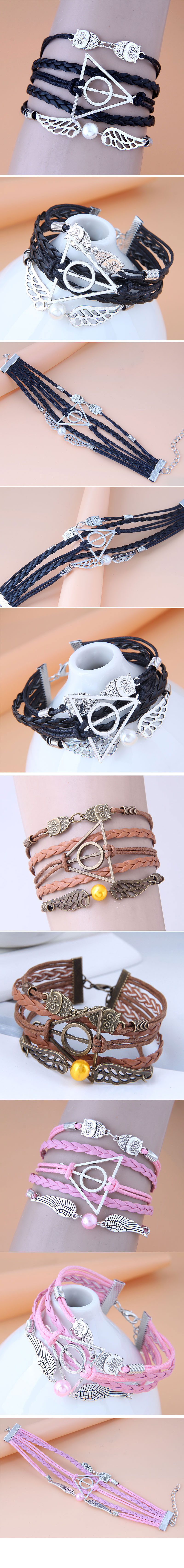 Fashion Triangle Owl Wings PU Leather Alloy Patchwork Bracelets 1 Piece