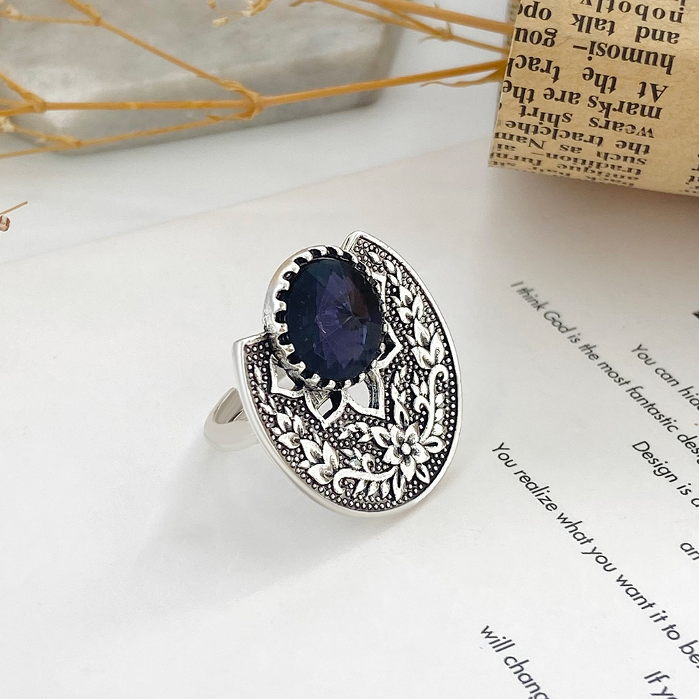 Vintage Style Flower Alloy Plating Artificial Gemstones Open Ring 1 Piece