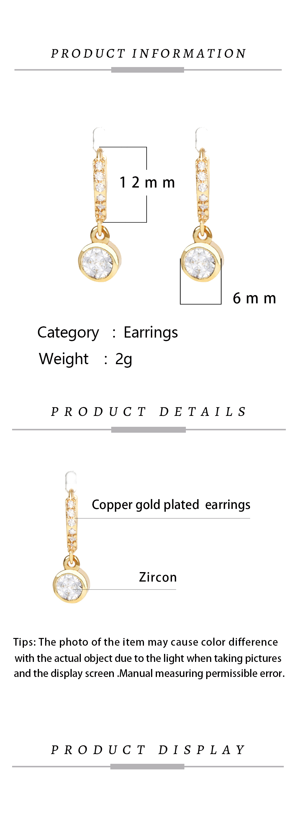 Fashion Circle Copper Dangling Earrings Gold Plated Zircon Copper Earrings