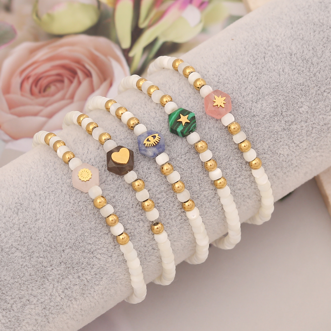 Fashion Hexagon Heart Shape Eye Stainless Steel natural stone Bracelets Beaded Handmade Stainless St