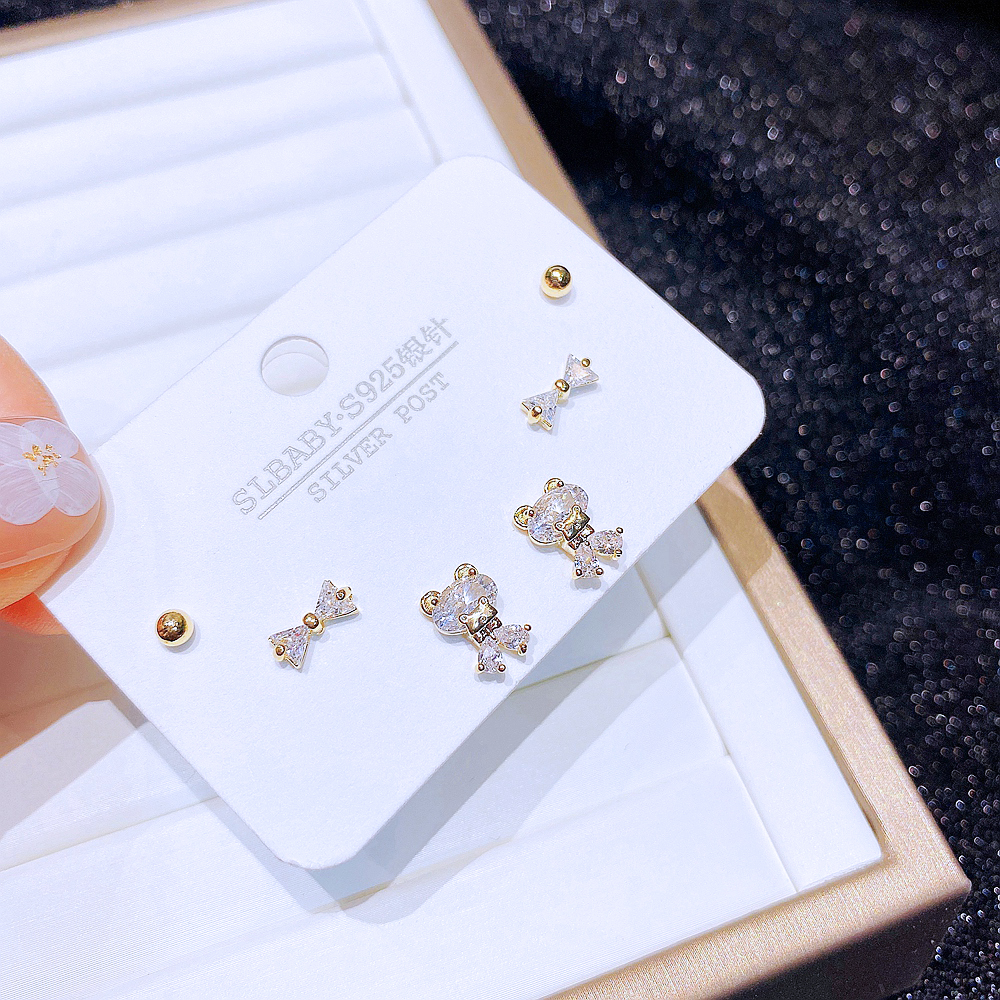 Simple Style Bear Copper Ear Studs Bowknot Zircon Copper Earrings 6 Pieces