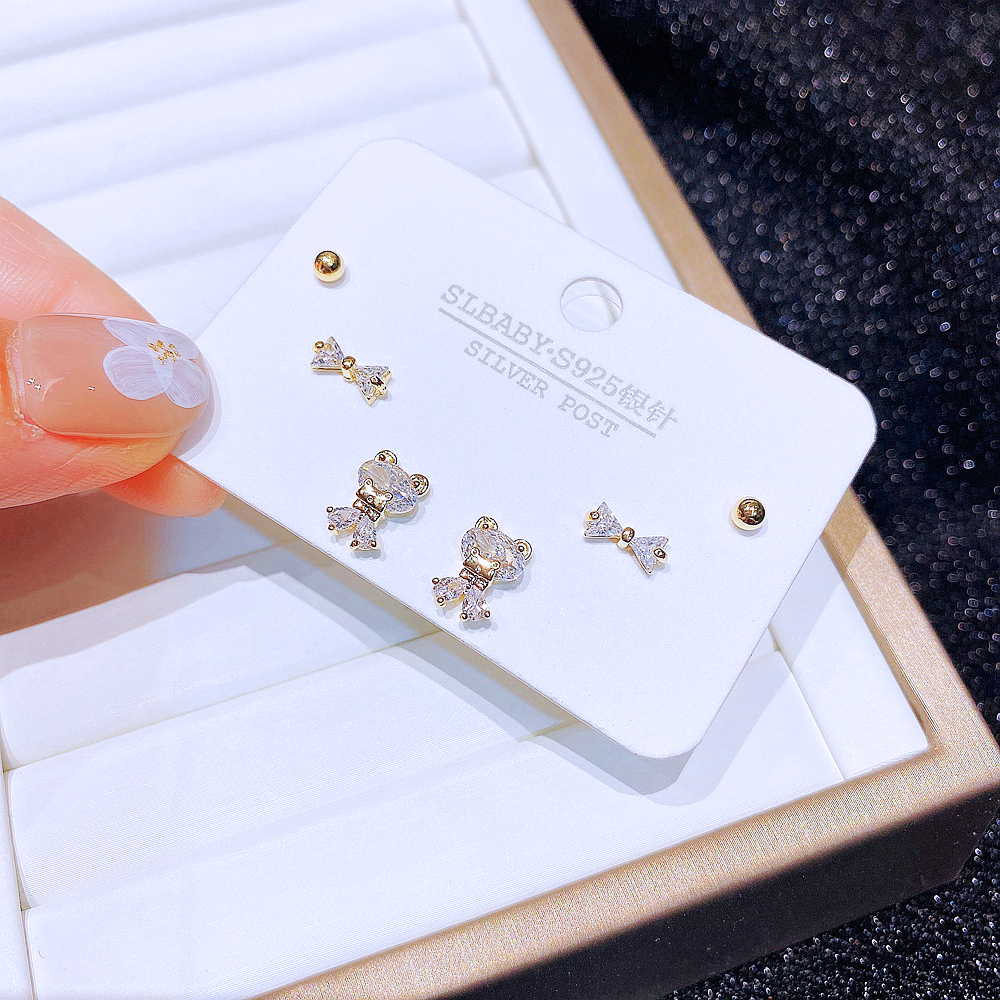 Simple Style Bear Copper Ear Studs Bowknot Zircon Copper Earrings 6 Pieces