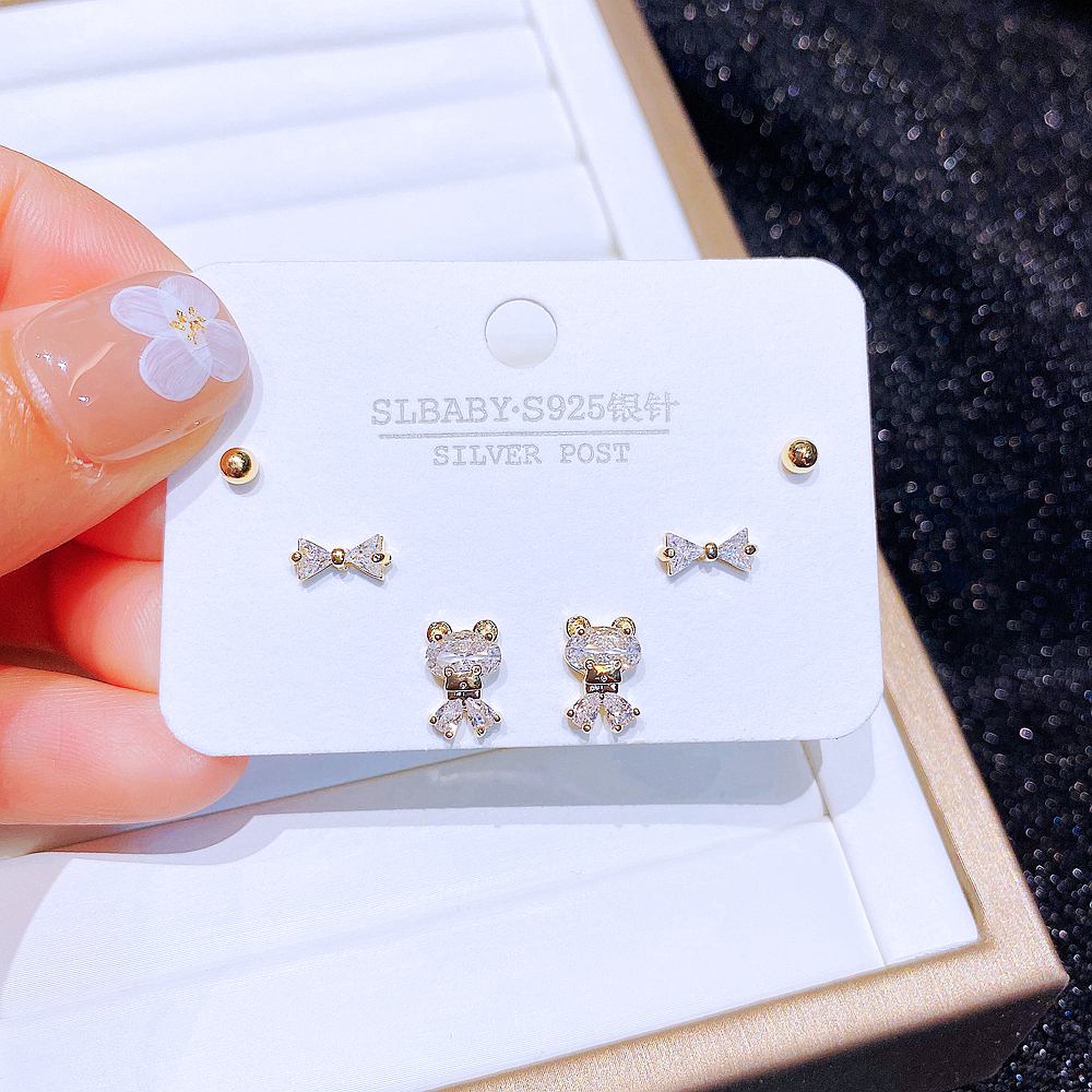 Simple Style Bear Copper Ear Studs Bowknot Zircon Copper Earrings 6 Pieces