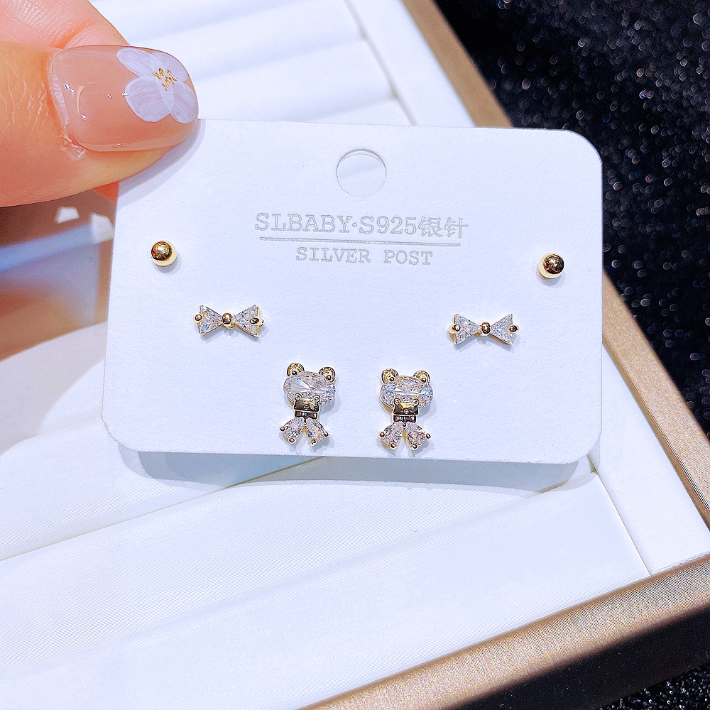 Simple Style Bear Copper Ear Studs Bowknot Zircon Copper Earrings 6 Pieces