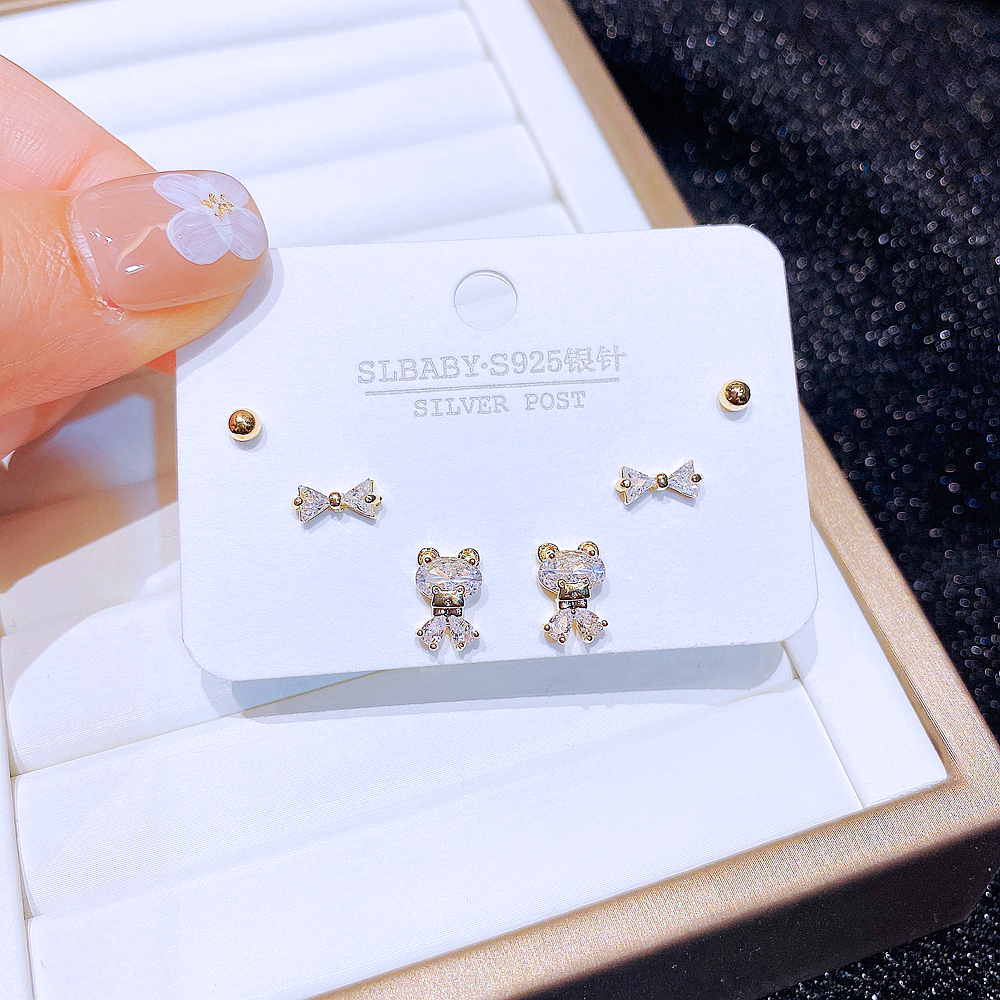 Simple Style Bear Copper Ear Studs Bowknot Zircon Copper Earrings 6 Pieces