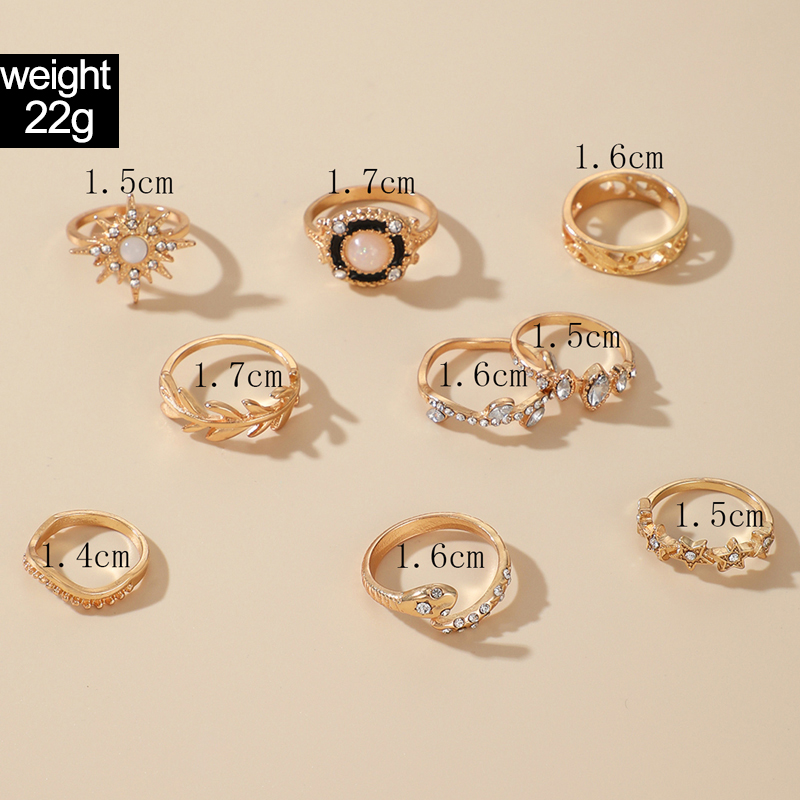 Fashion Hexagram Leaves Snake Alloy Inlay Rhinestones Rings 9 Pieces