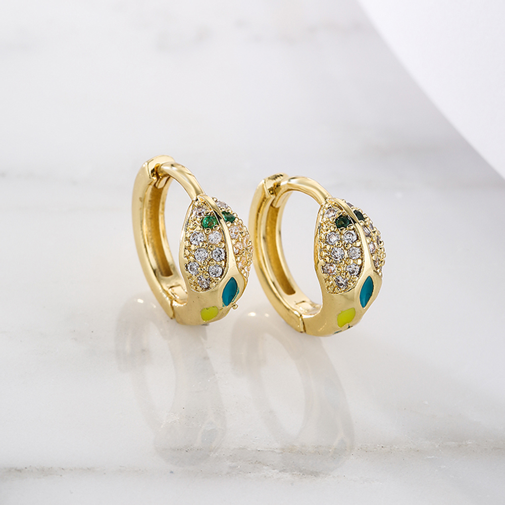 Fashion Snake Copper Hoop Earrings Enamel Gold Plated Zircon Copper Earrings