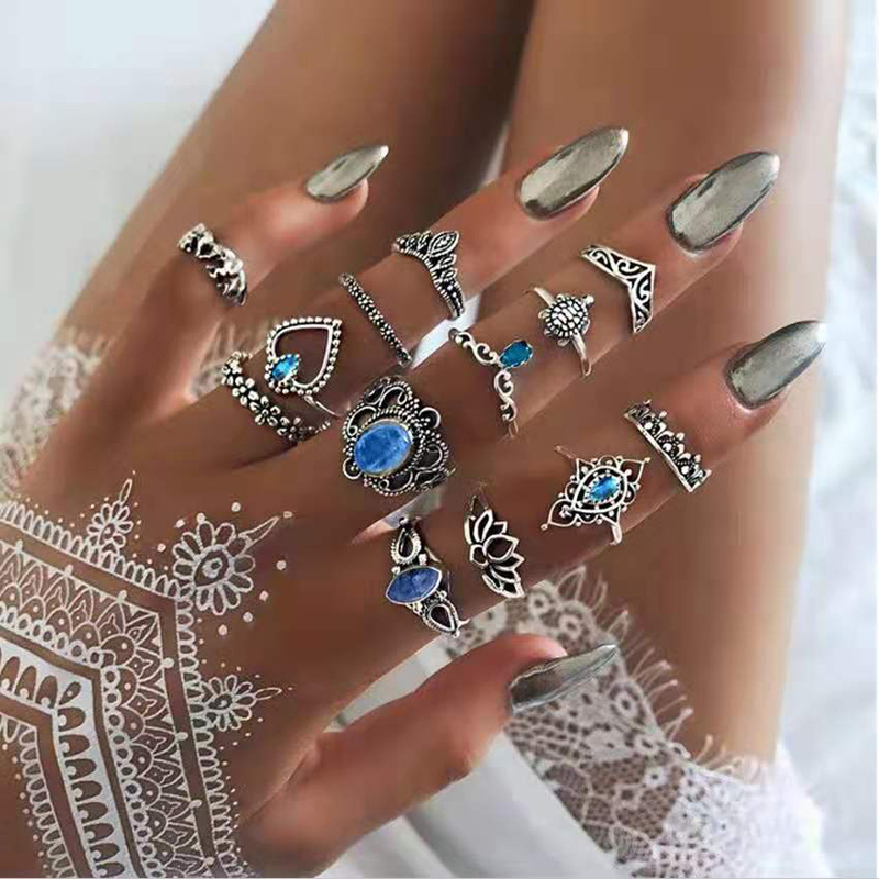 Retro Tortoise Wreath Alloy Inlay Artificial Crystal Womenu0027S Rings 13-Piece Set