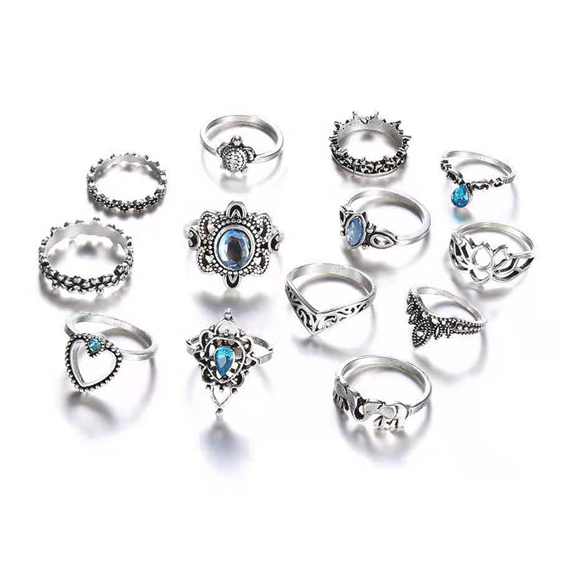 Retro Tortoise Wreath Alloy Inlay Artificial Crystal Womenu0027S Rings 13-Piece Set