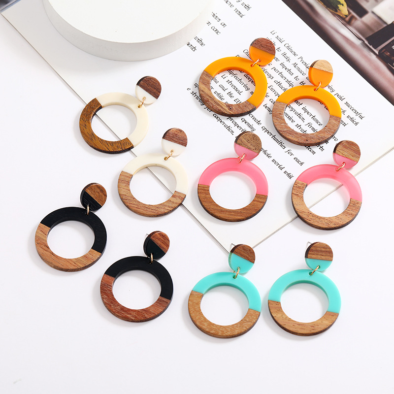 Vintage Style Circle Wood Resin Patchwork Hollow Out Womenu0027S Drop Earrings 1 Pair