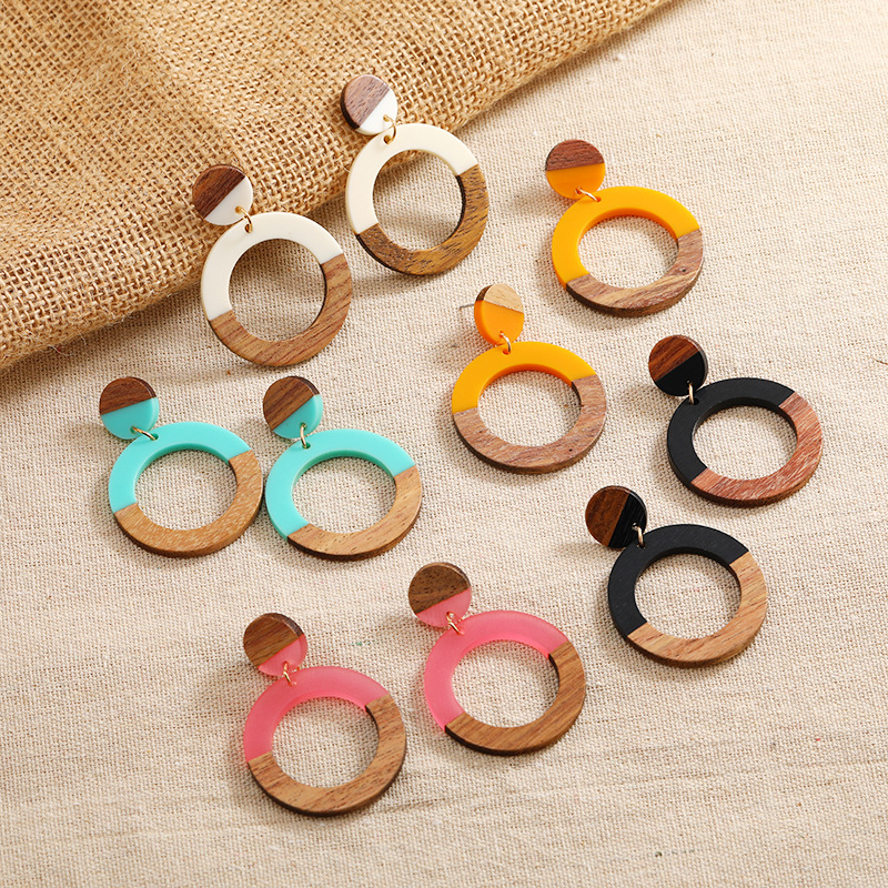 Vintage Style Circle Wood Resin Patchwork Hollow Out Womenu0027S Drop Earrings 1 Pair