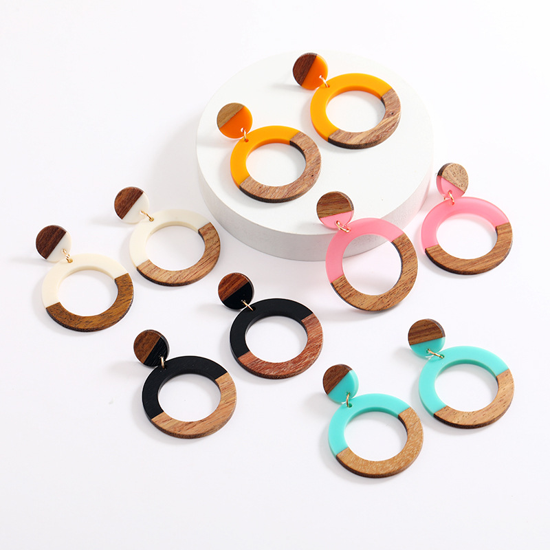 Vintage Style Circle Wood Resin Patchwork Hollow Out Womenu0027S Drop Earrings 1 Pair