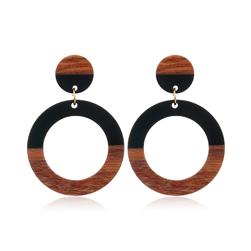 Vintage Style Circle Wood Resin Patchwork Hollow Out Womenu0027S Drop Earrings 1 Pair