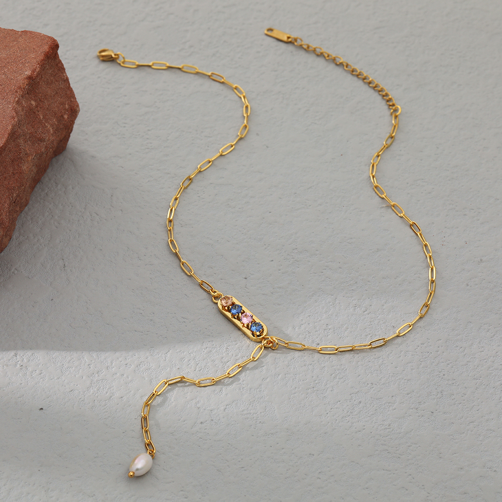 Fashion Solid Color Stainless Steel Necklace Pearl Inlay Zircon Stainless Steel Necklaces 1 Piece
