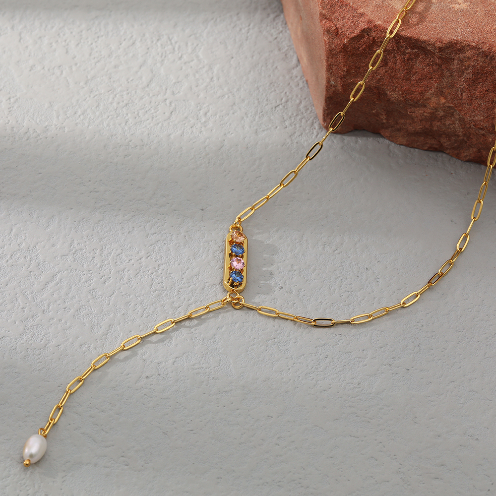 Fashion Solid Color Stainless Steel Necklace Pearl Inlay Zircon Stainless Steel Necklaces 1 Piece