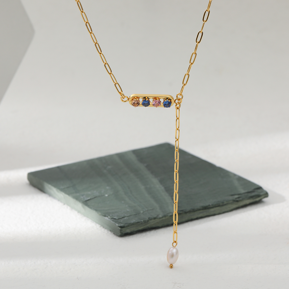 Fashion Solid Color Stainless Steel Necklace Pearl Inlay Zircon Stainless Steel Necklaces 1 Piece