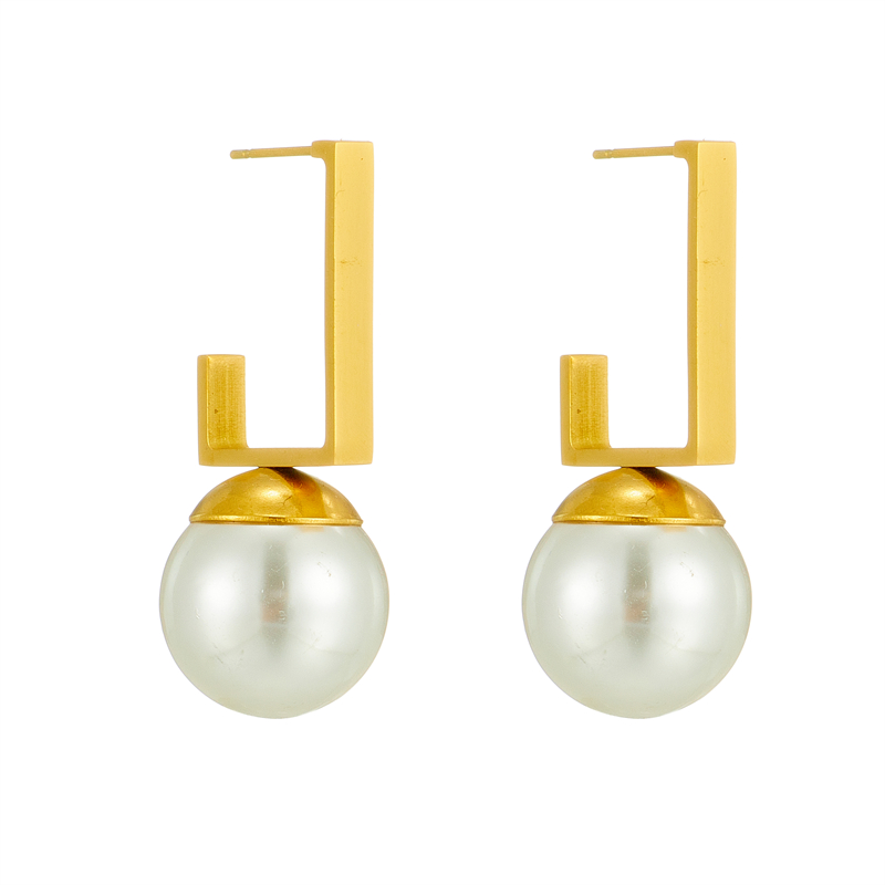 Vintage Style Geometric Titanium Steel Gold Plated Pearl Ear Studs 1 Pair