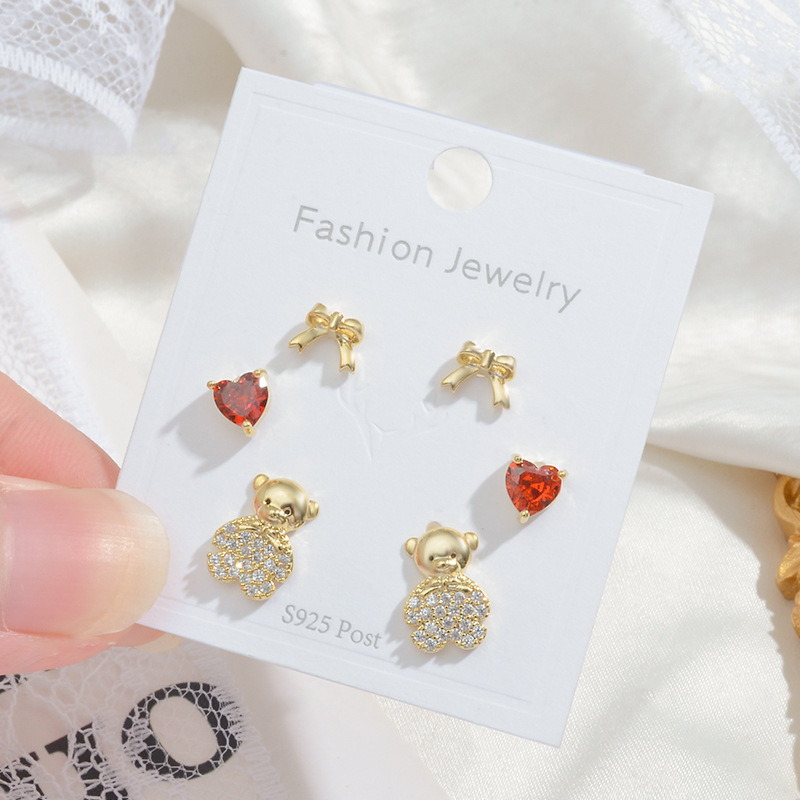 Fashion Bear Heart Shape Bow Knot Copper Ear Studs Plating Inlay Zircon Copper Earrings 3 Pairs