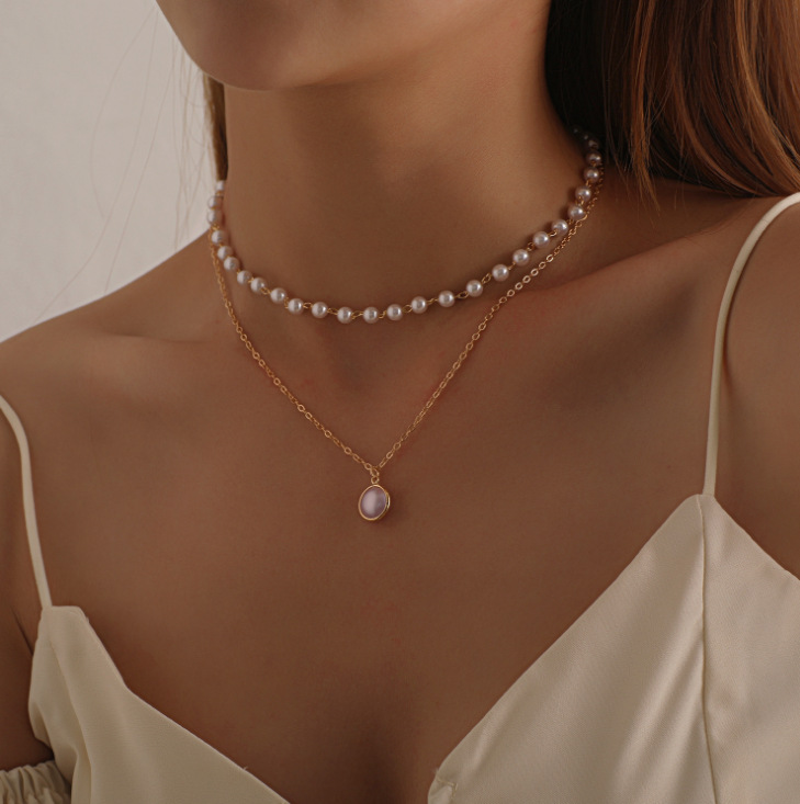 Fashion Round Alloy Plating Artificial Pearls Womenu0027S Layered Necklaces 2 Piece Set