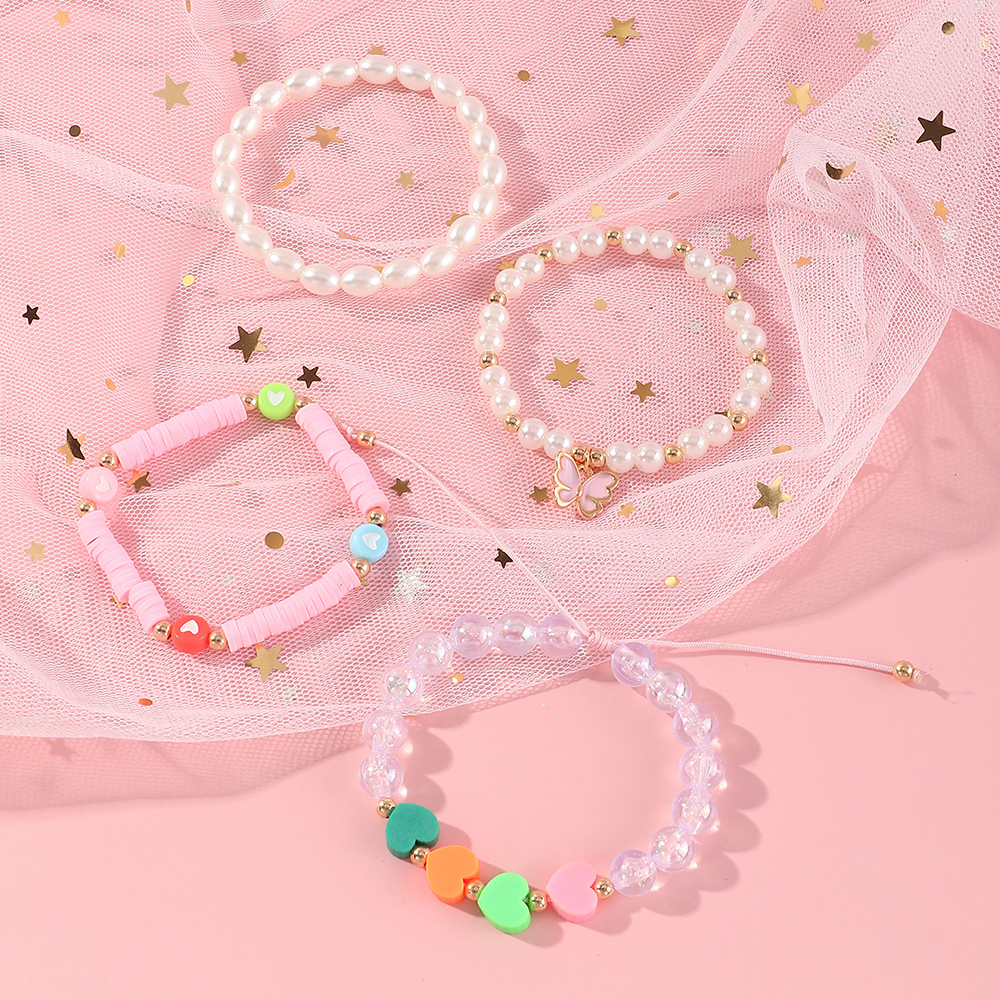 Cute Heart Shape Butterfly Imitation Pearl Plastic Resin Beaded Girlu0027S Bracelets 4 Piece Set