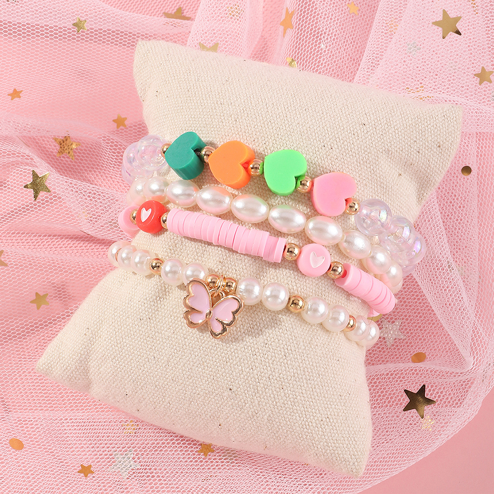 Cute Heart Shape Butterfly Imitation Pearl Plastic Resin Beaded Girlu0027S Bracelets 4 Piece Set