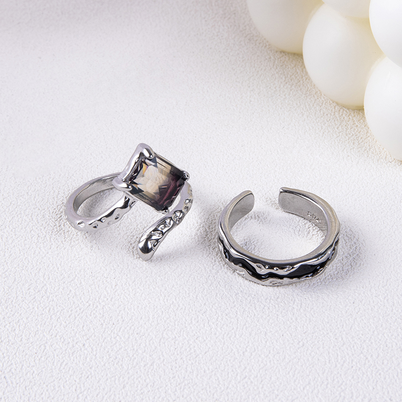 Cool Style Square Alloy Asymmetrical Inlay Gem Womenu0027S Open Ring 1 Set