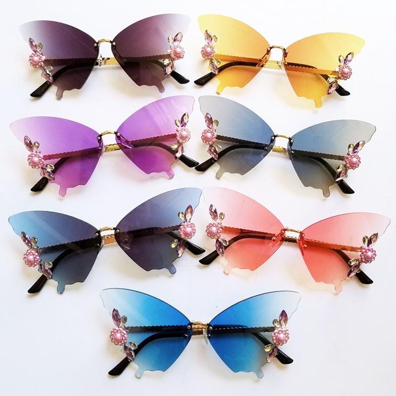 Fashion Gradient Color Pc Butterfly Frame Diamond Frameless Womenu0027s Sunglasses