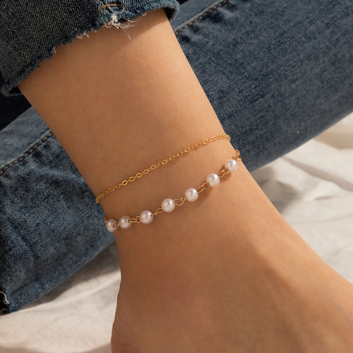 Simple Style Solid Color Alloy Layered Pearl Womenu0027S Anklet 1 Piece