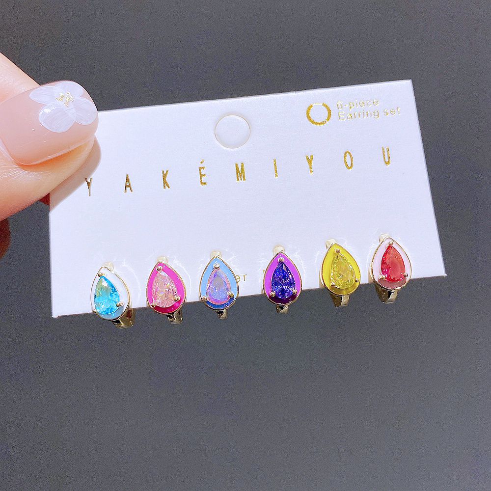 Yakemiyou Sweet Water Droplets Copper Inlay Zircon Hoop Earrings 6 Pieces