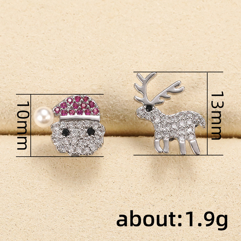 Fashion Santa Claus Elk Copper Asymmetrical Artificial Diamond Zircon Ear Studs 1 Pair